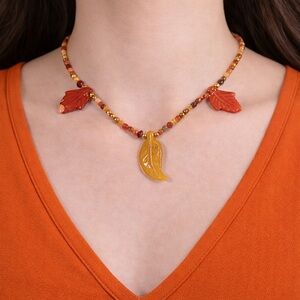 Jasper Leaves Necklace 17” Choker Glass Beads Earthy Natural Tone Artisan Boho